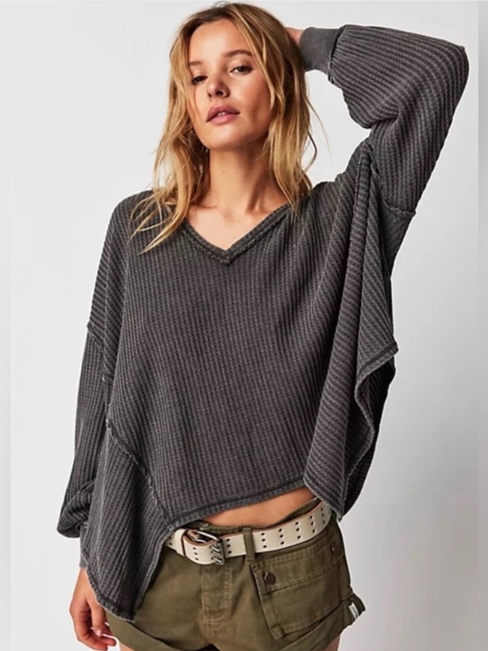 We The Free People Coraline Charcoal Waffle-Knit Thermal V-Neck Oversized Top